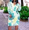 Women Plus Size V Neck Long Sleeve Tropical Leaf Printed Fitted Midi Dress