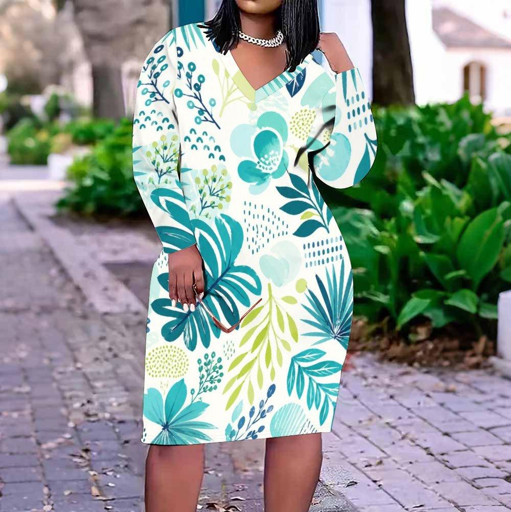 Women Plus Size V Neck Long Sleeve Tropical Leaf Printed Fitted Midi Dress