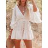 Summer New Sexy Sexy Front and Rear Depth V Neck Waist-Controlled White Lace Patchwork Batwing Sleeve Dress Female Dress