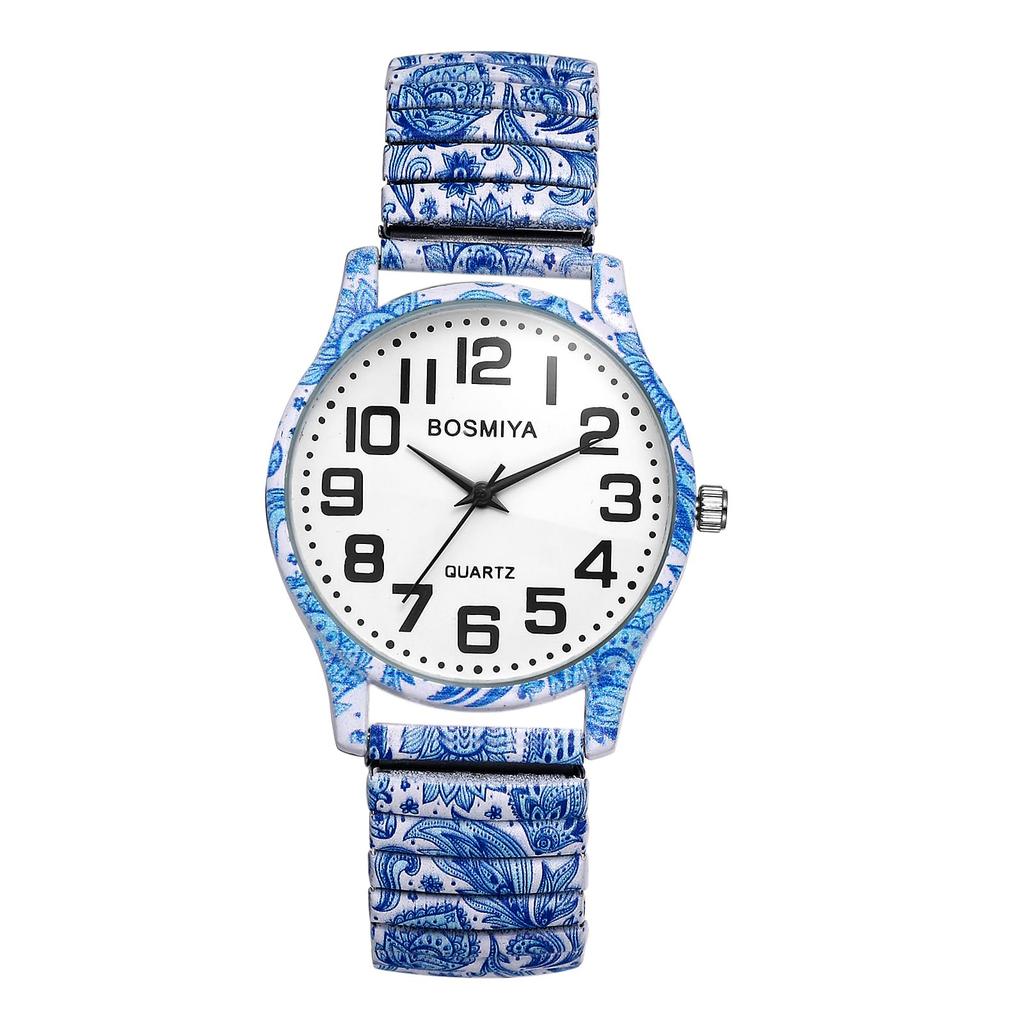 Bohemian Watch with Flexible Elastic Arabic Floral Quartz Stainless Analog Ethnic Style Perfect for and Parties Women's Band Strap, Numerals, Print,