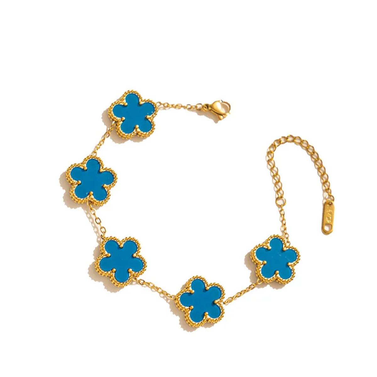 Women Gold Plated Five Leaf Flower Earring Necklace Bracelet Set Elegant Fashion Jewelry Gift Golden