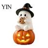 Miniature Ghost Statue Lighted Halloween Figurine, Spooky Resin Witch on Pumpkin/Holding Lantern LED Night Light Figurine with for Desktop Bookshelf