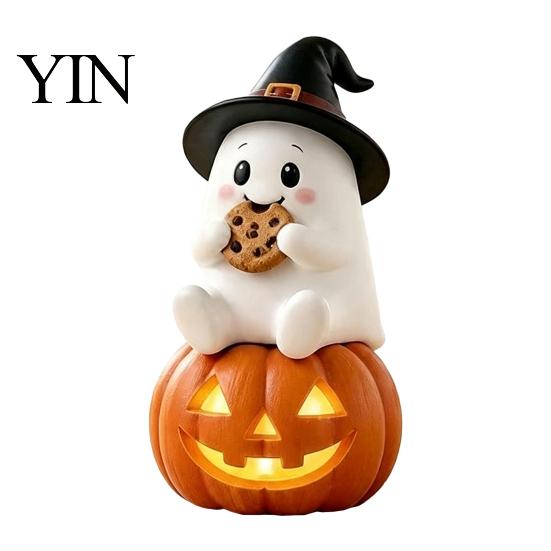 Miniature Ghost Statue Lighted Halloween Figurine, Spooky Resin Witch on Pumpkin/Holding Lantern LED Night Light Figurine with for Desktop Bookshelf