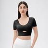 Dames yogakleding, korte mouwen, V-hals met borstkussentje, sexy strak sport T-shirt, korte sneldrogende kleding voor fitness, hardlopen en training.