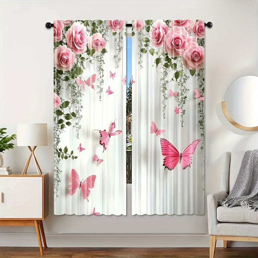 2PCS Digital Printed Curtains, Rose Butterfly Dream Pattern, Beautiful Window Drapes for Living Room Bedroom Home Decor