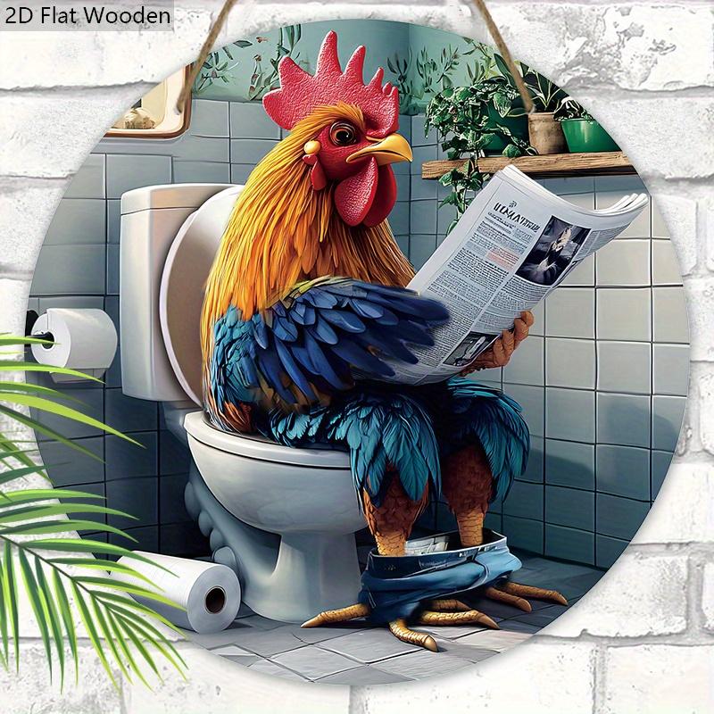 Funny Toilet Wooden Sign with Roosters Reading Newspapers Pattern, Unique Round Sign for Bathroom Door Hanging Decor