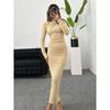 INS Fashion Style 2024 New Arrival Women's Clothing Fashion round Neck Long Sleeves Silm Hip Bag Pure Color Elegant Dress