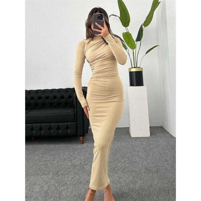 INS Fashion Style 2024 New Arrival Women's Clothing Fashion Round Neck Long Sleeves Silm Hip Bag Pure Color Elegant Dress