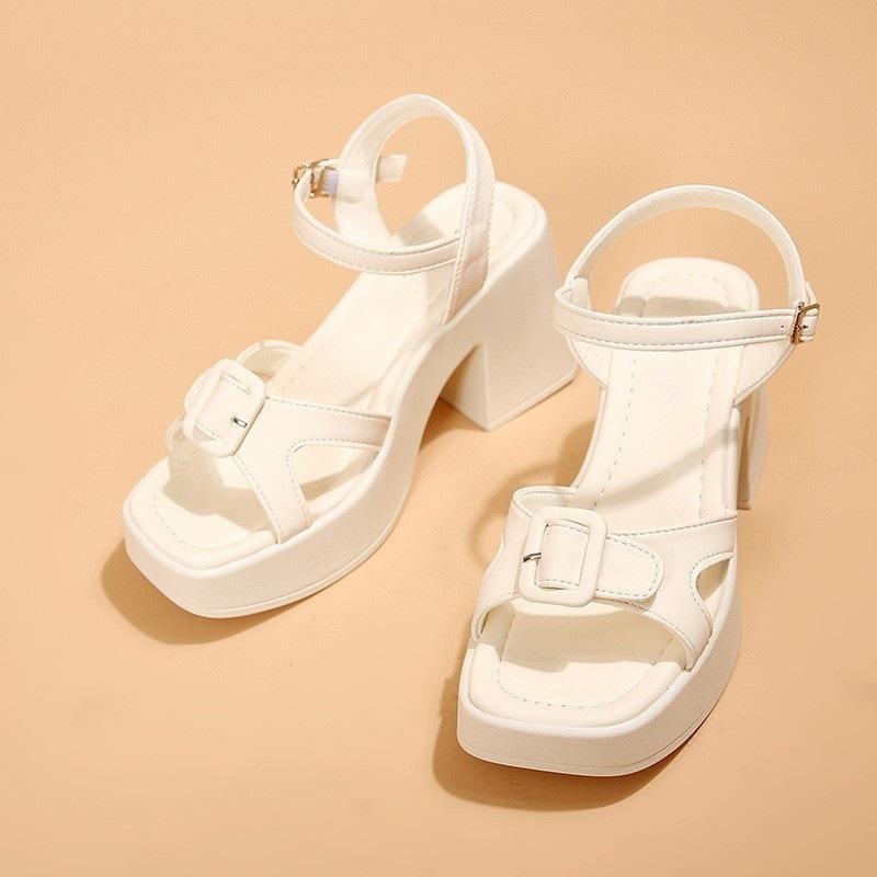 

Новая летняя мода сандалий на толстом каблуке для женщин в 2025 году, с ремешком-пряжкой и сандалиями на высоком каблуке с толстой подошвой 35