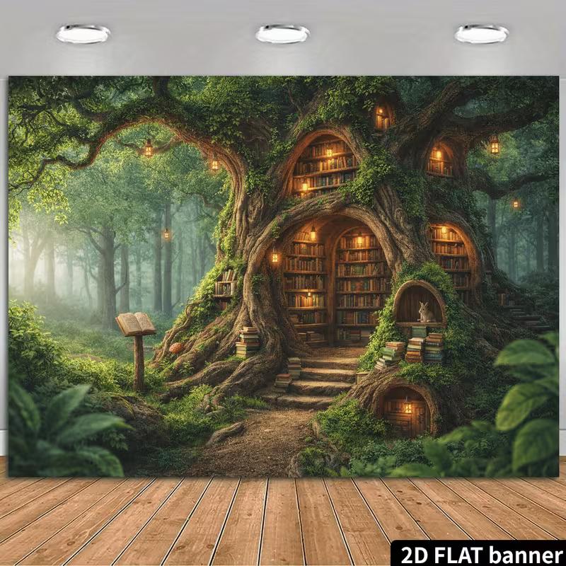 2D Fairy Tale Tree Library Tapestry Magical Forest Book Home with Rabbit Wall Art