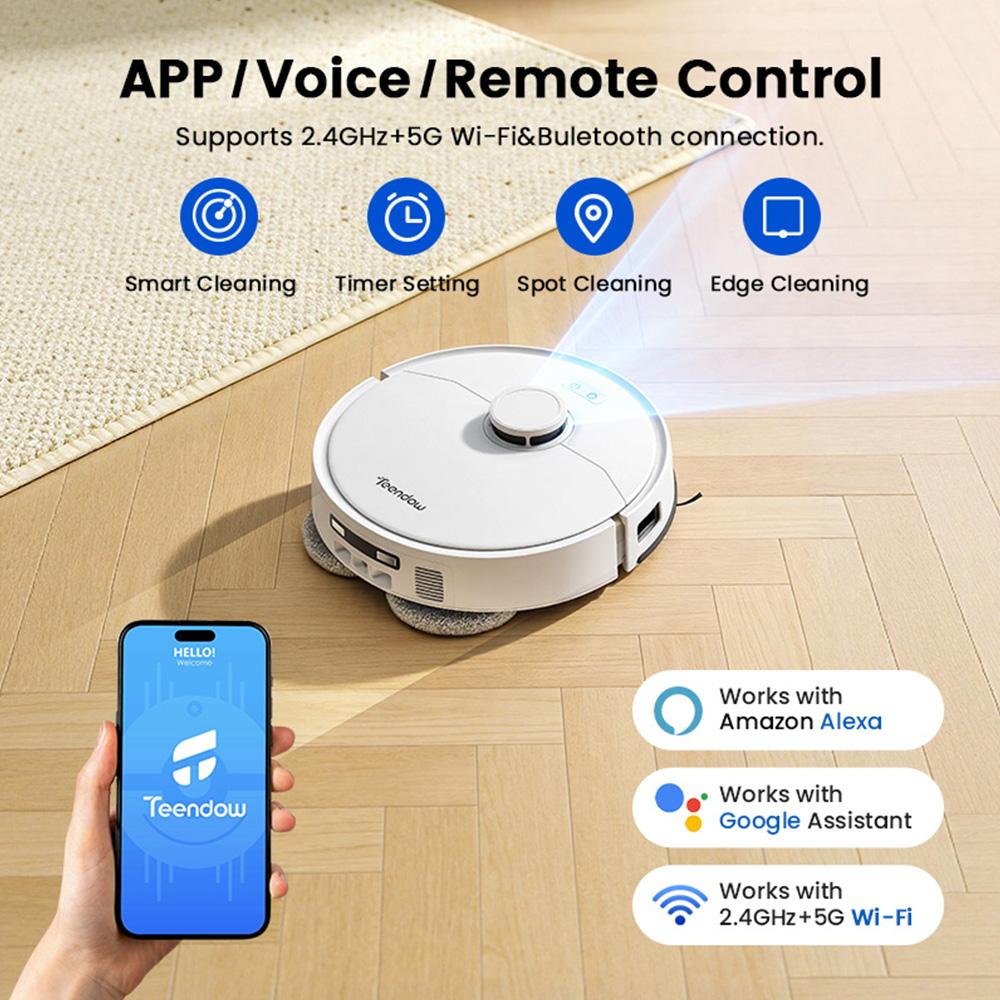 Robotic Vacuum Cleaner Teendow D63S Ultra With Intelligent Radar Scanning Navigation Remote 20000Pa Suction Power Control Via App White
