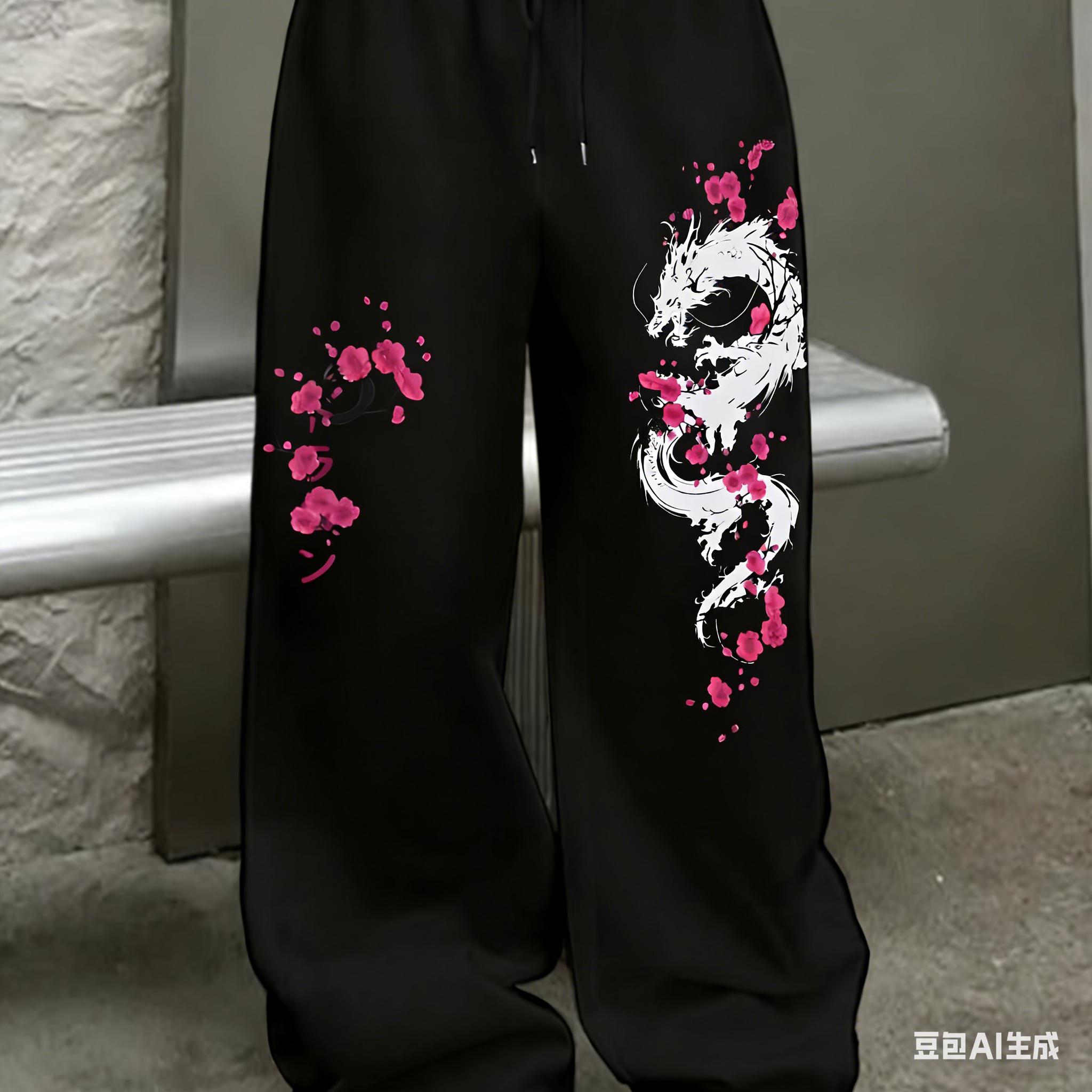Drachen Kirschblüten Print Street Trend Mode Retro Freizeit Übergroß Locker Herren und Damen Sporthosen 3XL gray