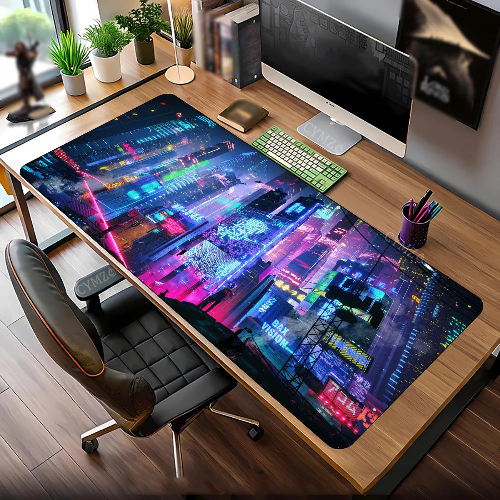 Stunning Neon City Illustration Design Mouse Pad Desk Mat Gaming Pad Nonslip Stitched Edge Desk Accessories 30x80cm Mousepads