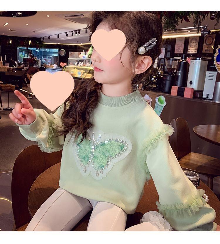 Girls Long Sleeve Sweatshirt with Glitter Butterfly and Mesh Detail for Spring Autumn
