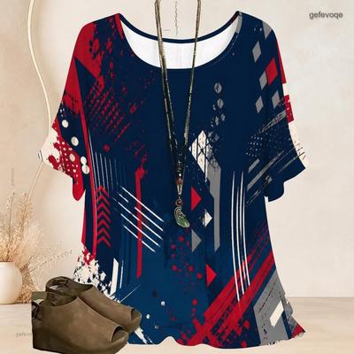 Women Plus Size Batwing Short Sleeve Top Round Neck Geometric Graffiti Print Loose Casual Tunic Shirt