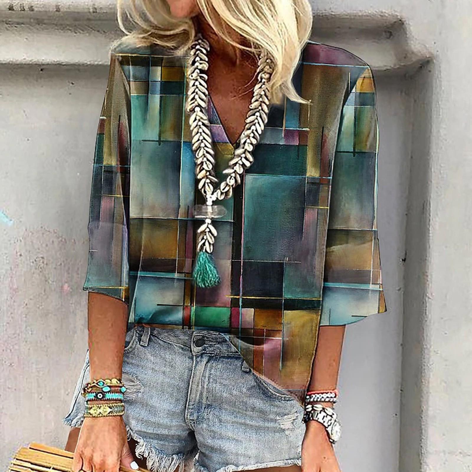 

Женская рубашка, блузка, повседневные свободные рубашки, рукава 3/4, топы с v-образным вырезом и принтом, топы с принтом, футболки, футболки L зелёный