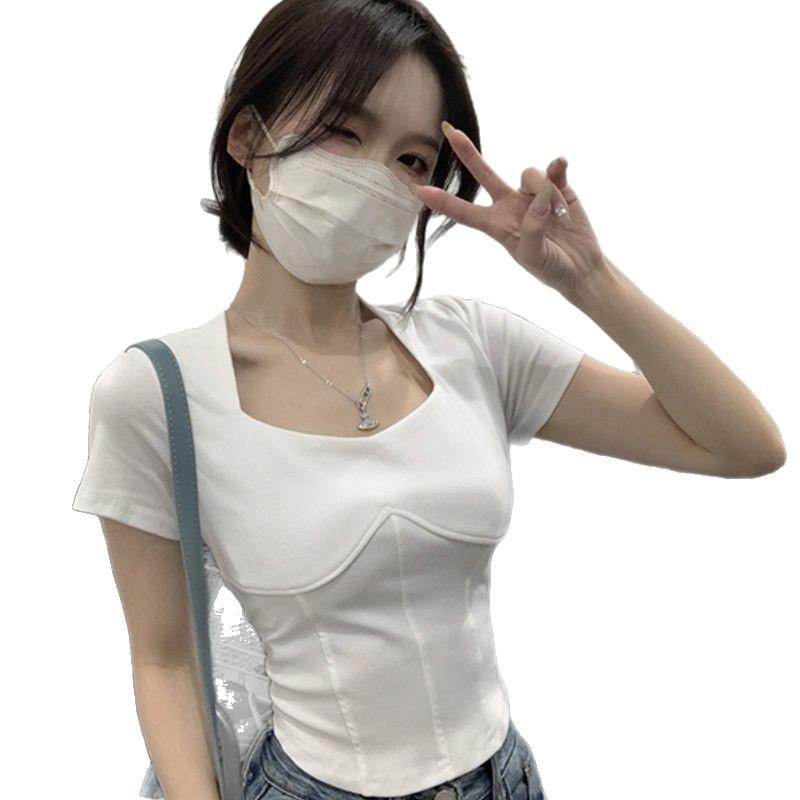 South East Asia new Korean version of fish bone design sense square collar T-shirt women's summer slim and thin short-sleeved top