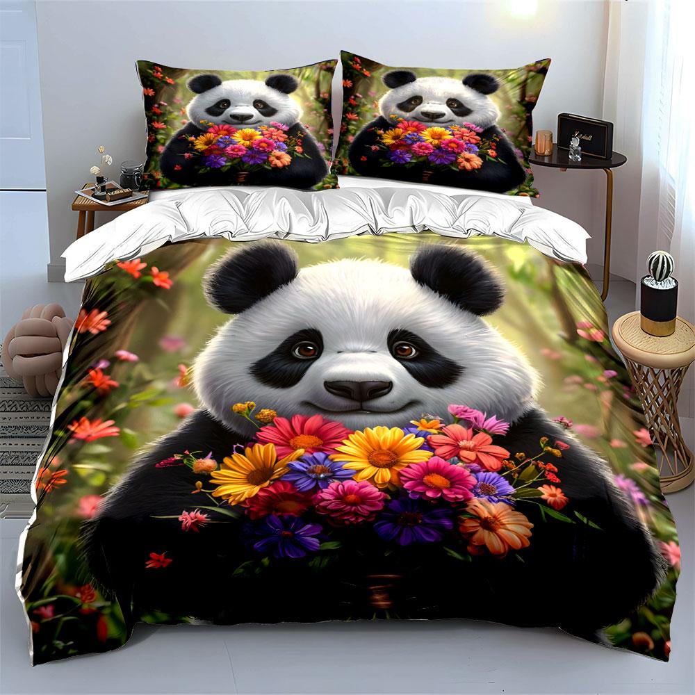 Cute Panda Holding Flowers Cartoon Duvet Cover Set With 3D Printing Design Soft Polyester Bedding Set All-Season Comfort