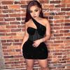 One Shoulder Mini Dress Women Shiny Sequin See-through Mesh Patchwork Slant Neck Sleeveless Cocktail Party Short Backless Sheath Slim Fit Club