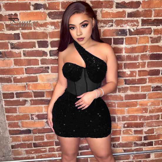 One Shoulder Mini Dress Women Shiny Sequin See-through Mesh Patchwork Slant Neck Sleeveless Cocktail Party Short Backless Sheath Slim Fit Club