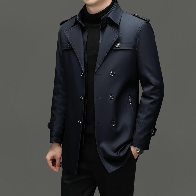 Winter Nieuwe Heren Trenchcoat Medium en Lang Pakkraag Dubbelrijg Knoopceintuur Slim-fit Katoen Afneembare Trenchcoat
