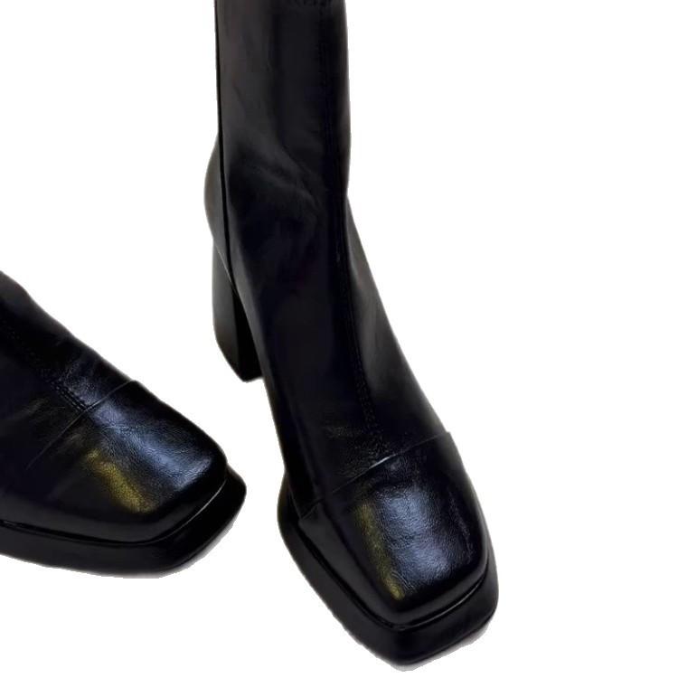 French retro square head high heel short boots women's versatile temperament sense rear zipper thin boots black