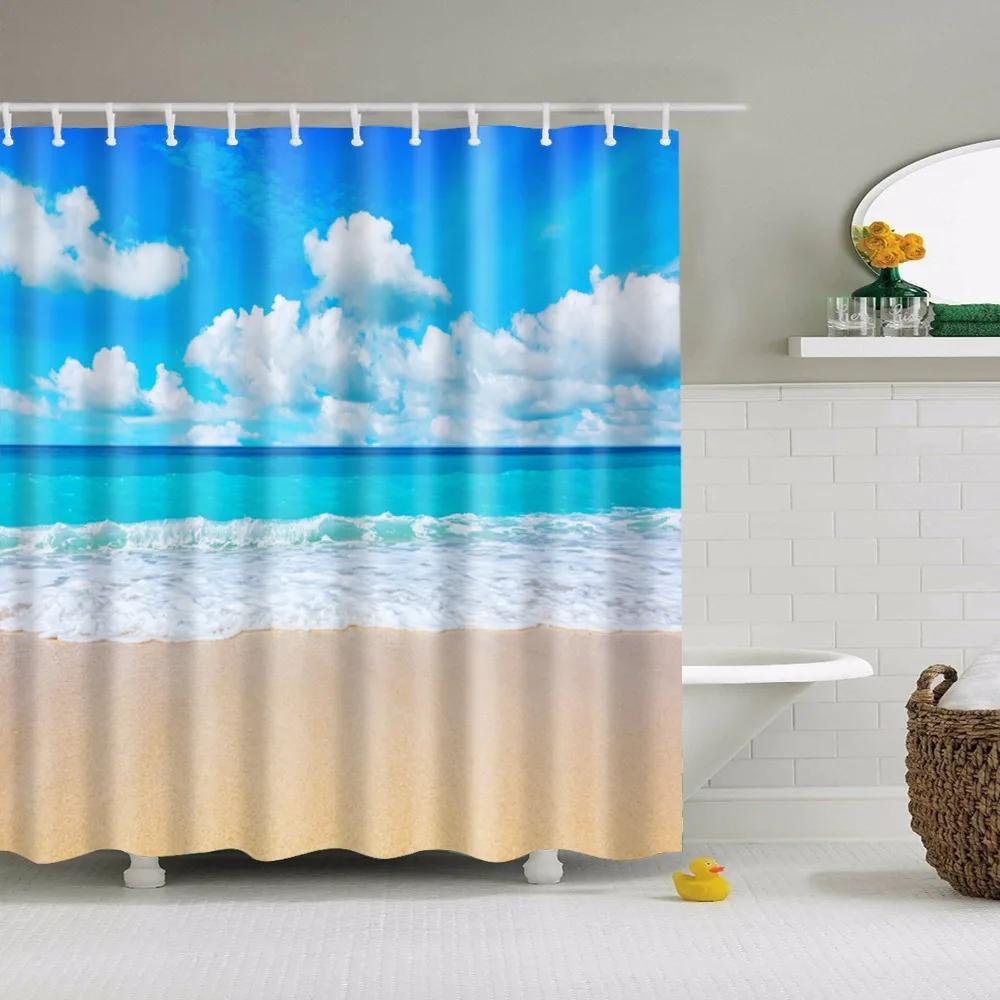 Küstenlandschaft Strand Muscheln Duschvorhänge Seestern Schneckenhaus Blaues Brett Palmen Sonnenuntergang Naturlandschaft Badezimmervorhang Dekor
