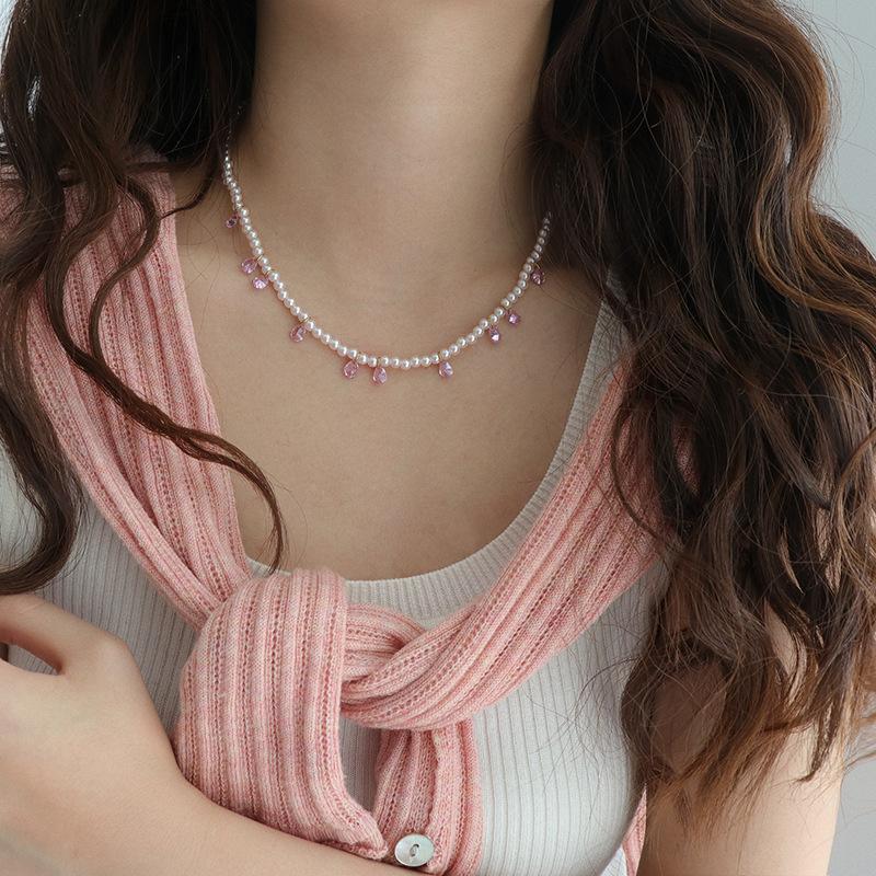 Pearl zircon water drop necklace simple and sweet personality collarbone chain versatile fashion temperament jewelry women
