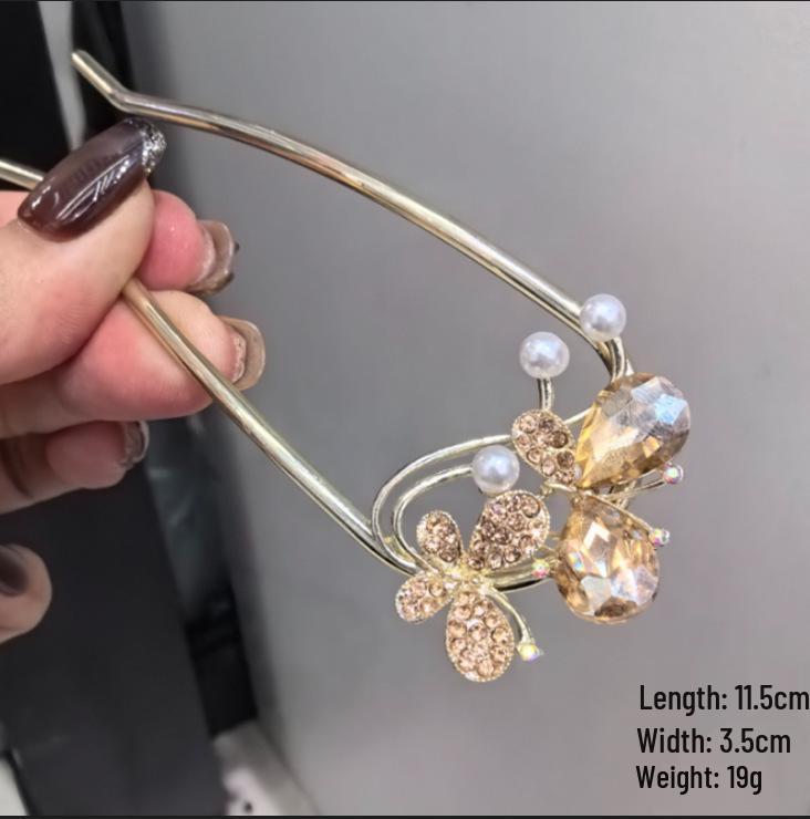 Épingle à cheveux vintage en forme de U avec pompon paon pour femmes - Épingle à chignon nacrée pour Cheongsam et Hanfu