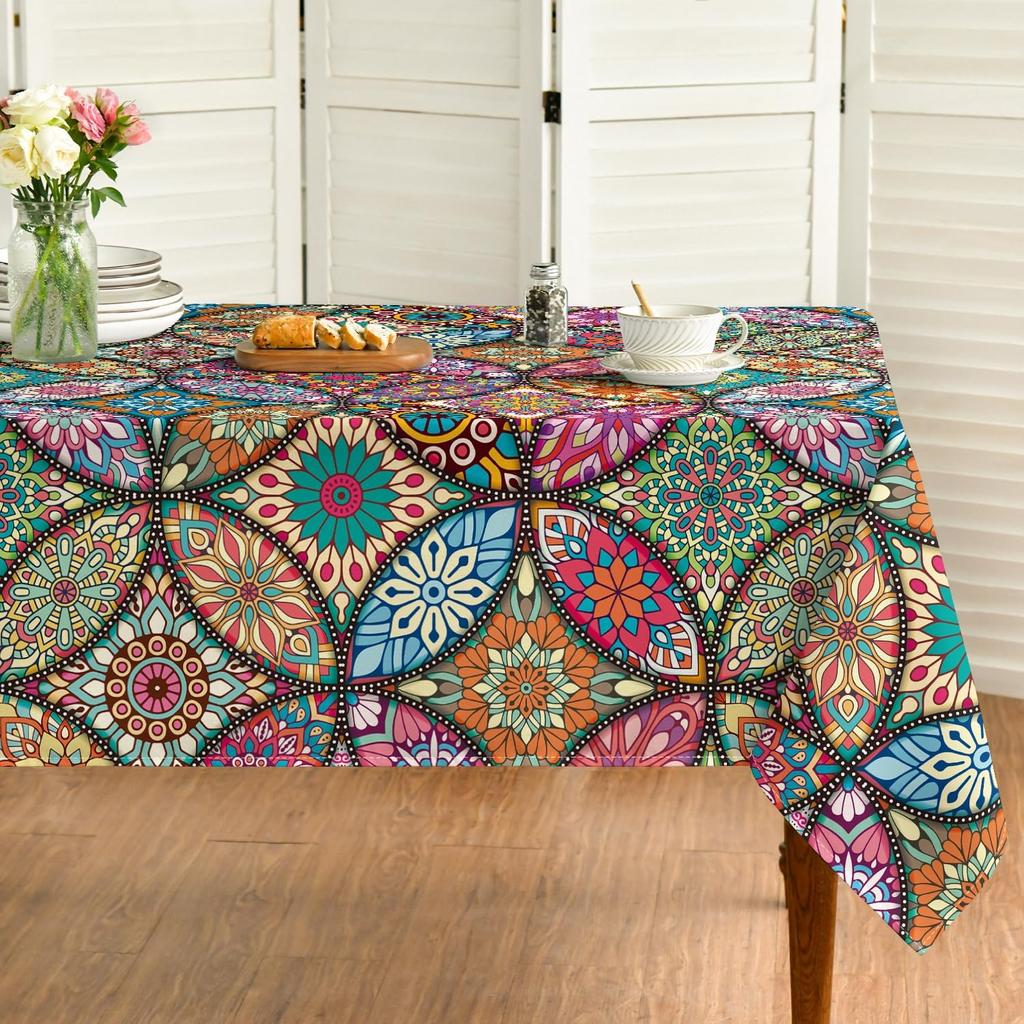 Horaldaily Boho Bohemia Style Rectangular Tablecloth 60x84 Inch, Vintage Washable Seasonal Table Cover for Party Picnic Dinner Decor
