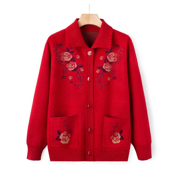 Mom's Autumn Cardigan Sweater Coat Middle-aged and Elderly Sweater Lapel Coat Western Grandma's Autumn Plus Size