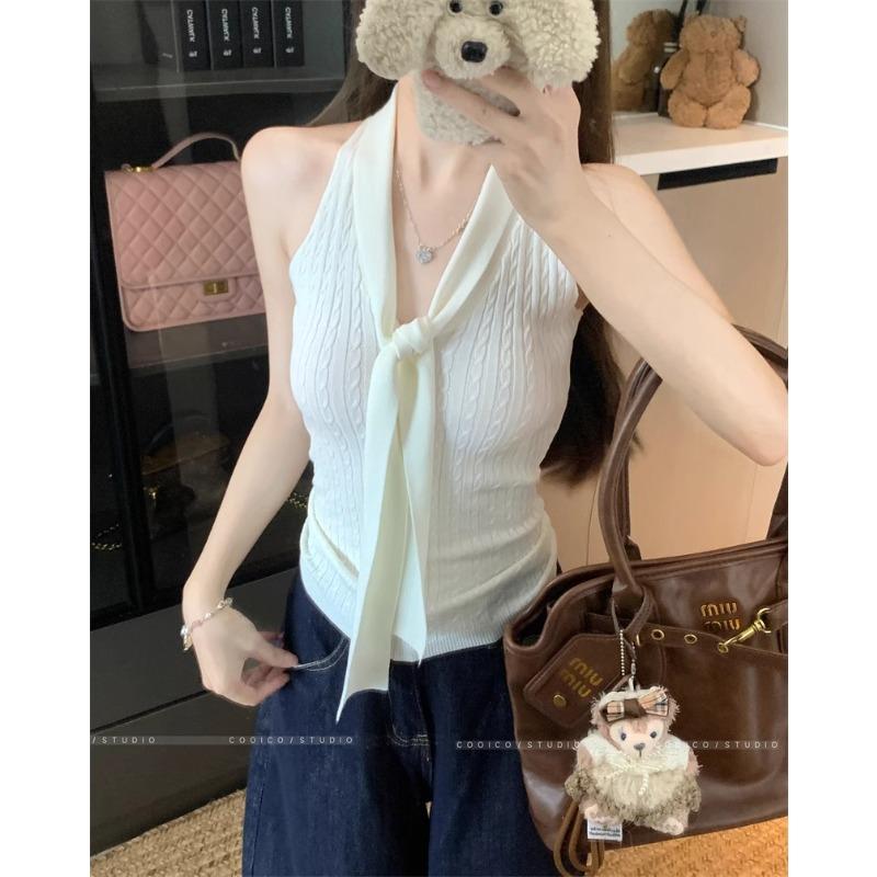 

Temperament lace-up slim-fitting and thin knitted neck vest women s clothing summer waist sleeveless lace outerwear top One size fits all [recommended 80-60kg] абрикосовый