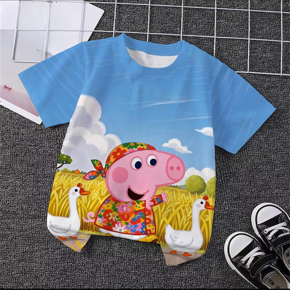 Trendy Cute Cartoon Print Tee Summer Casual Crew Neck Street Fashion Kids Short Sleeve Peppa Pig 3 14 Years