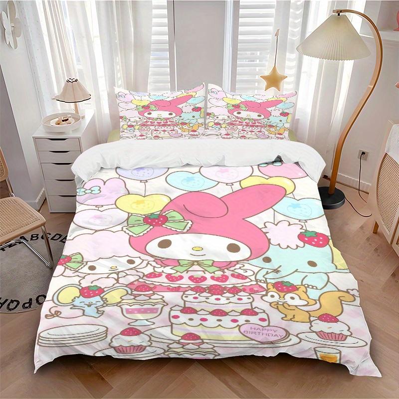 3pcs Happy Birthday My Melody Quilt Set - Soft and Comfortable Bedroom, Guest Room and Dorm Decor Bedding Set 1 Quilt Cover + 2 Pillowcases.W041
