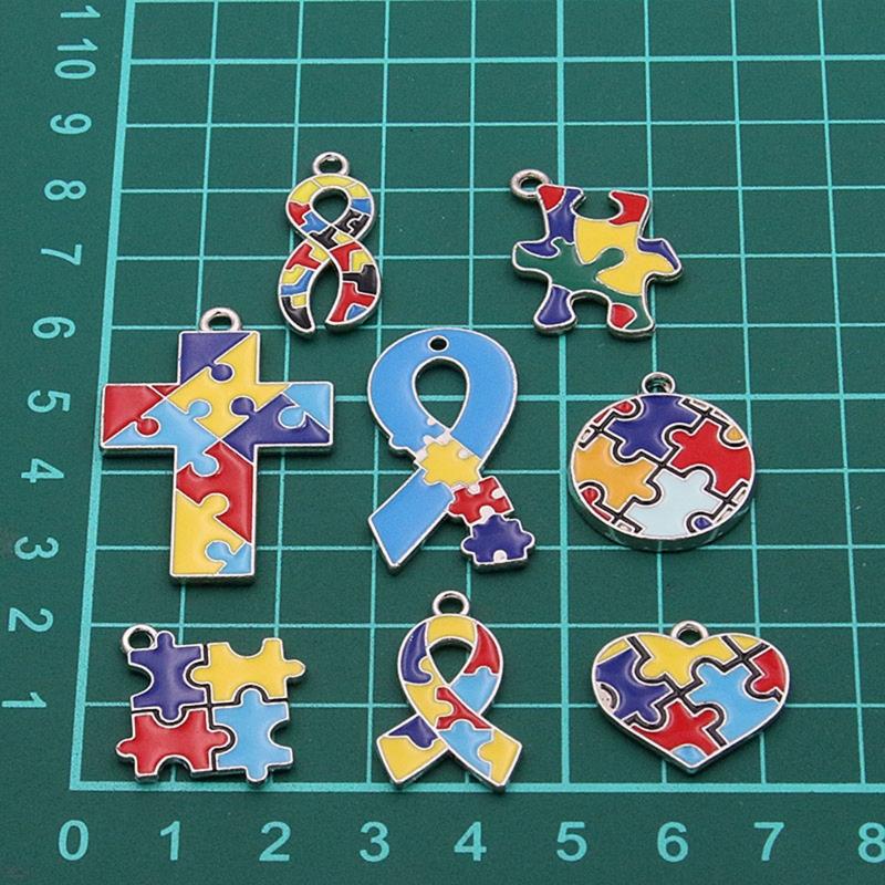 8Pcs Gold Plated Pendant with Puzzle Shape Pendant Enamel Autism Awareness Pendant Bulk Diy Necklace Bracelet Keychain