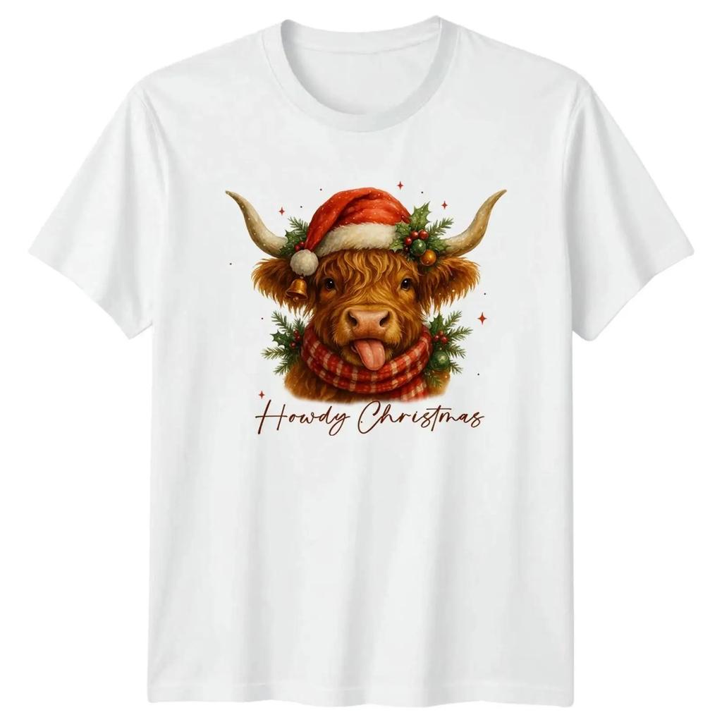 Howdy Christmas Highland Cow Holiday T Shirt Vintage Versatile Unisex Fashion Casual Breathable Stylish