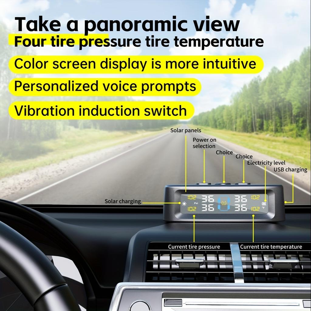 TPMS Däcktrycksövervakningssystem Bil Säkerhetslarmsystem Trådlös Sol-/USB-driven 4 Sensorer med Färgdigital Display