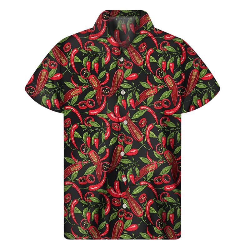 Buntes Chili-Musterhemd für Herren 3D-Druck Pfeffer Hawaiihemden Sommer Knopf Kurzarm Tops Street Revers Aloha Bluse