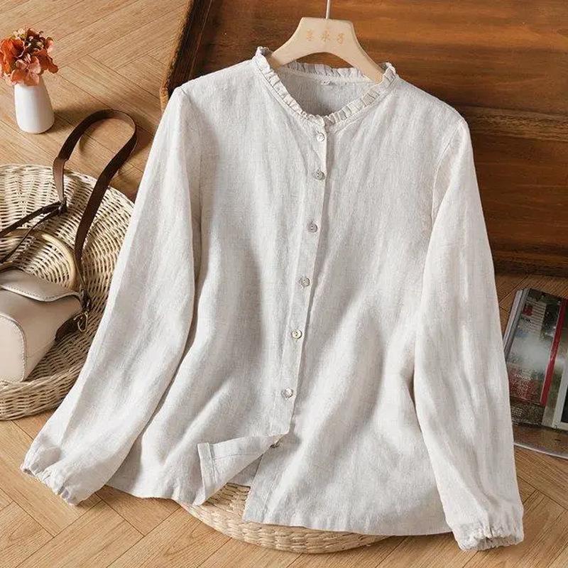 

Женская хлопково-льняная рубашка-кардиган в ретро-стиле с оборками и воротником-стойкой, длинный рукав - Простой, художественный стиль XL