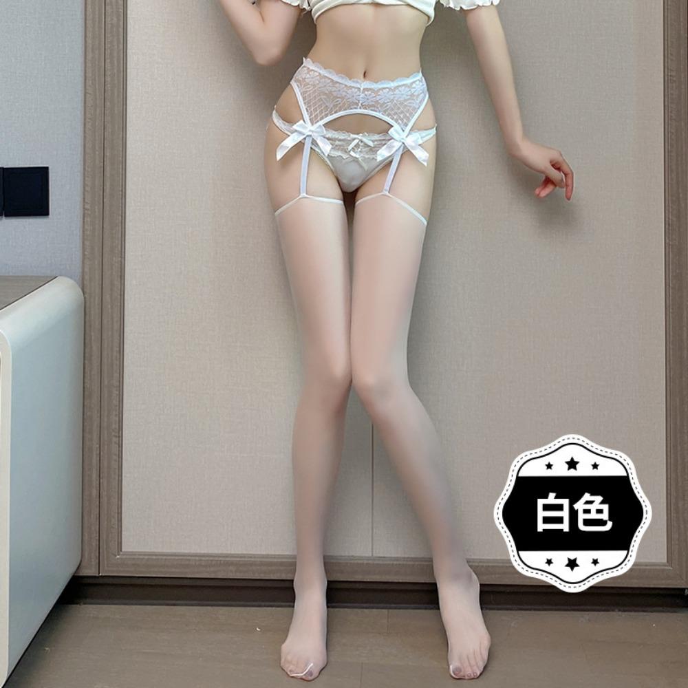 Qing Hexia Ultra-thin Stockings, Sexy Black Silk Suspenders, Integrated Female Lace Bow, Fun Open Crotch White Silk Pure Desire