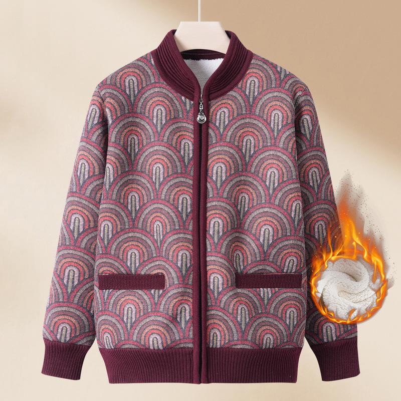 Women's Fleece Lined Cardigan Zipper Front Stand Collar Printed Pattern Thickened Warm Short Jacket Senior Casual Outerwear