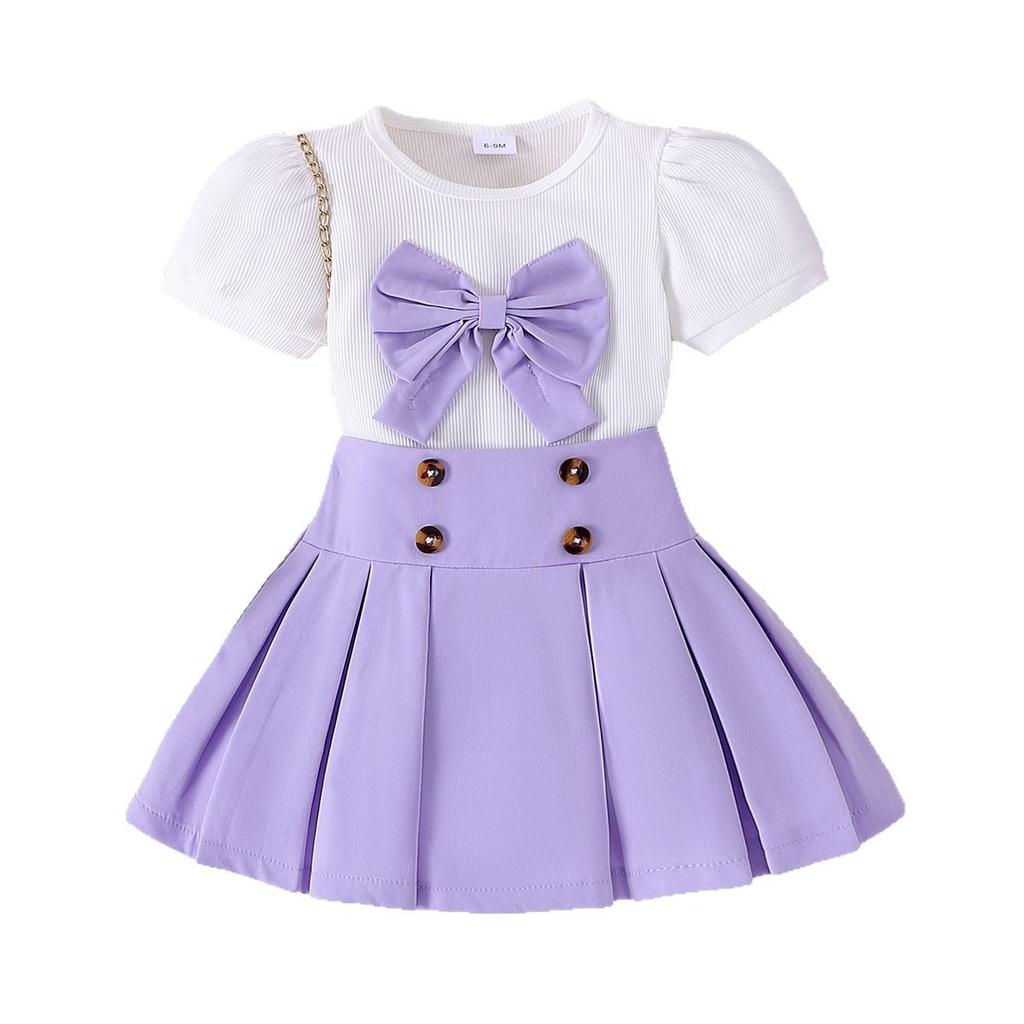 Girls' Fashionable and Sweet Set 2025 Summer Children's Bow Puffed Sleeve Short Sleeve with High-waisted Pleated Skirt Set