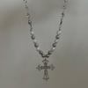 Full Diamond Cross Pearl Necklace ISN Style Hip Hop Niche Personality Punk Summer New Accessories