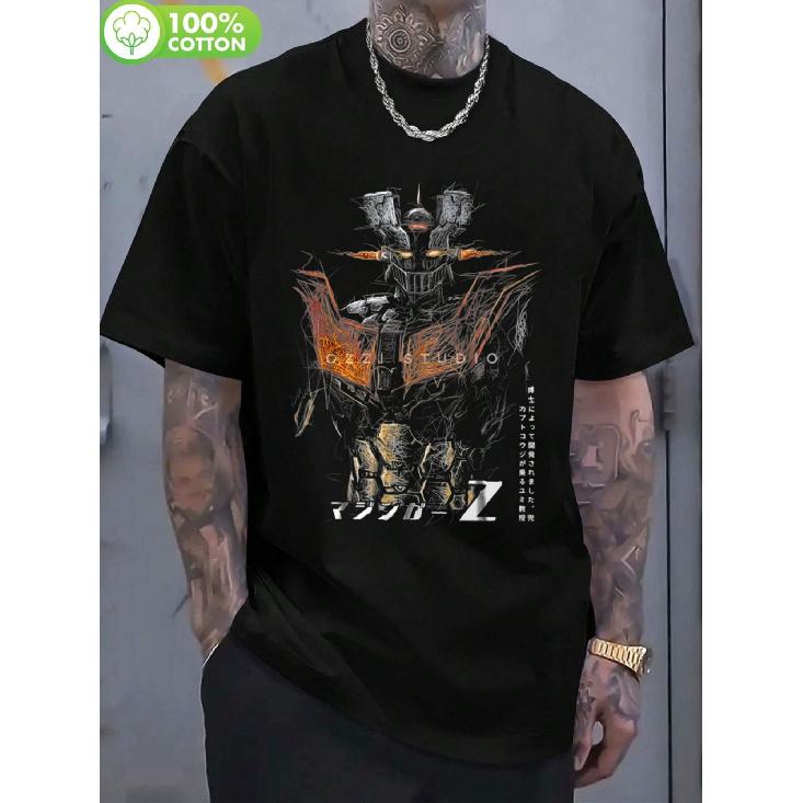 Men'S Mazinger Z Retro Anime T-Shirt - 100% Vintage Japanese Manga Graphic Tee with Iconic Mazinger Z Logo & Red Eyes, Heat Transfer Print, Regular