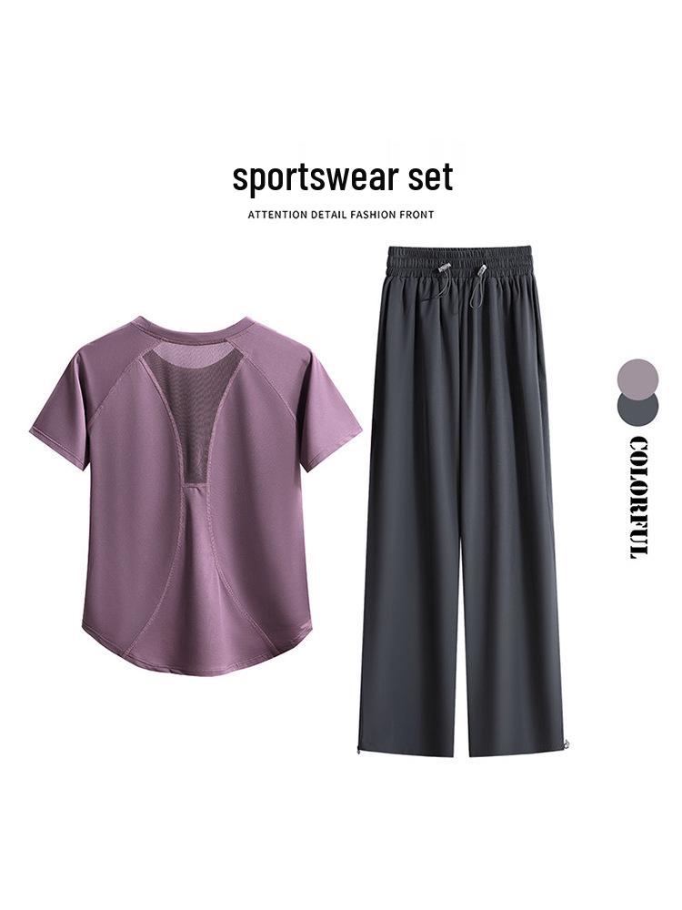 Plus Size Women's Yoga Short Sleeve & Long Pants Set - Summer Outdoor Running Quick-Dry Loose Sportswear