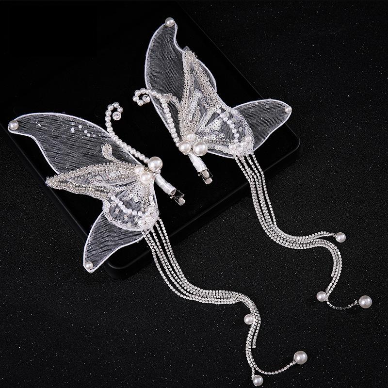 2pcs Handmade Beaded Butterfly Tassel Hair Clip Bridal Wedding Dress Banquet Makeup Headband Hair Accessories Hairband Decor