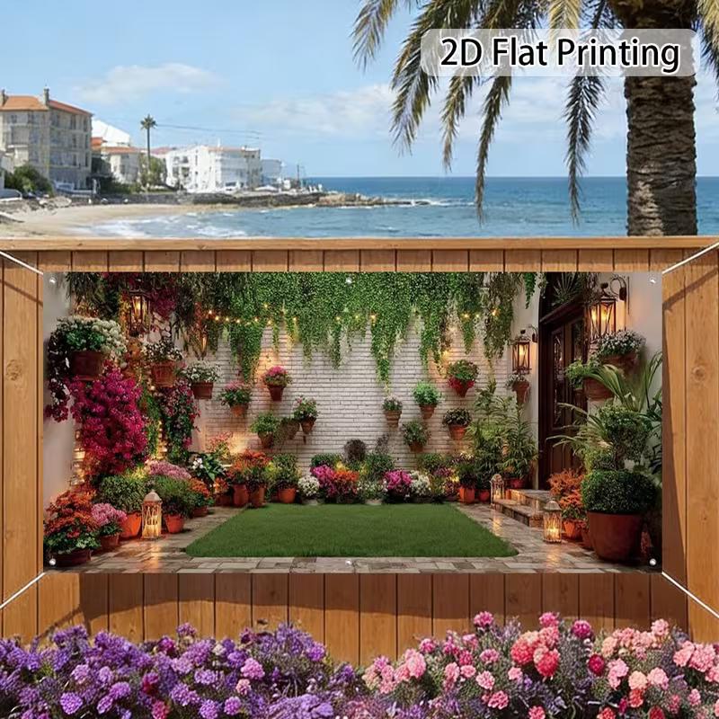 Cozy Courtyard Garden Tapestry, White Brick Wall Covered in Hanging Vines, Colorful Blooms and Warm Lanterns, Calming Boho Wall Art