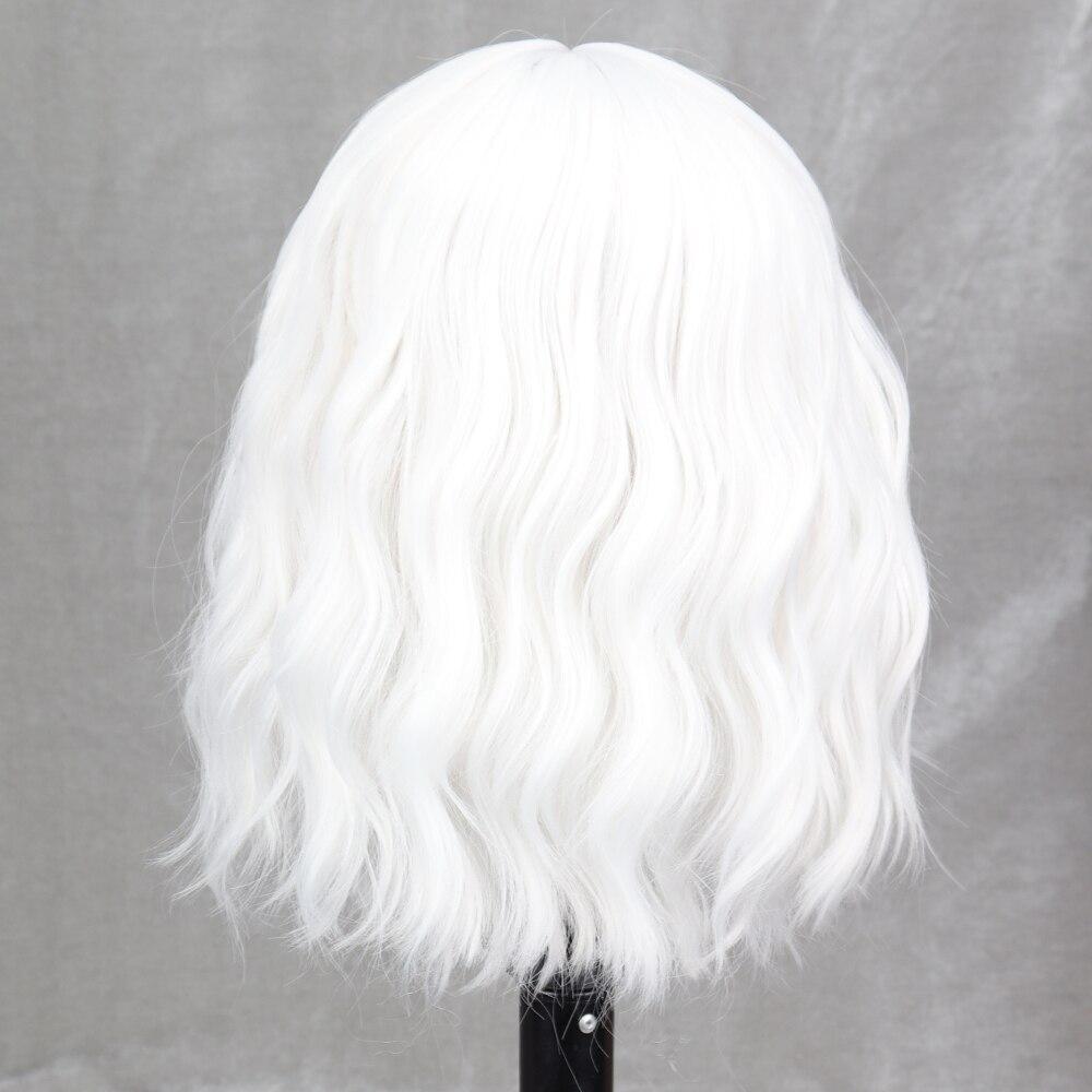 MISS WIG Women Fashion Short Wavy Wig with Bangs Synthetic Fiber Pure White Wavy Wig Cosplay Halloween Party Wear