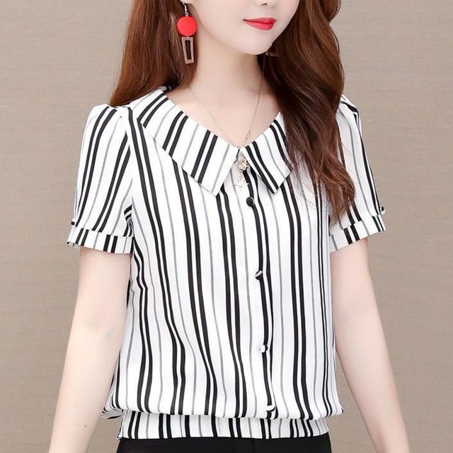 

Корейская версия, полосатая рубашка с короткими рукавами, короткая блузка с кукольным вырезом, новый летний топ M-3XL M белый