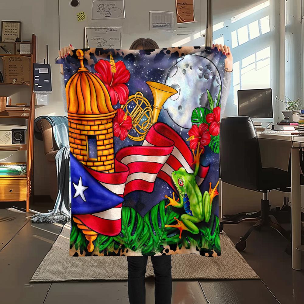 1Pc Puerto Rico Print Flannel Blanket, High quality Comfortable for All Seasons, Home Decor, Warmth and Comfort, Perfect for Christmas Gifts